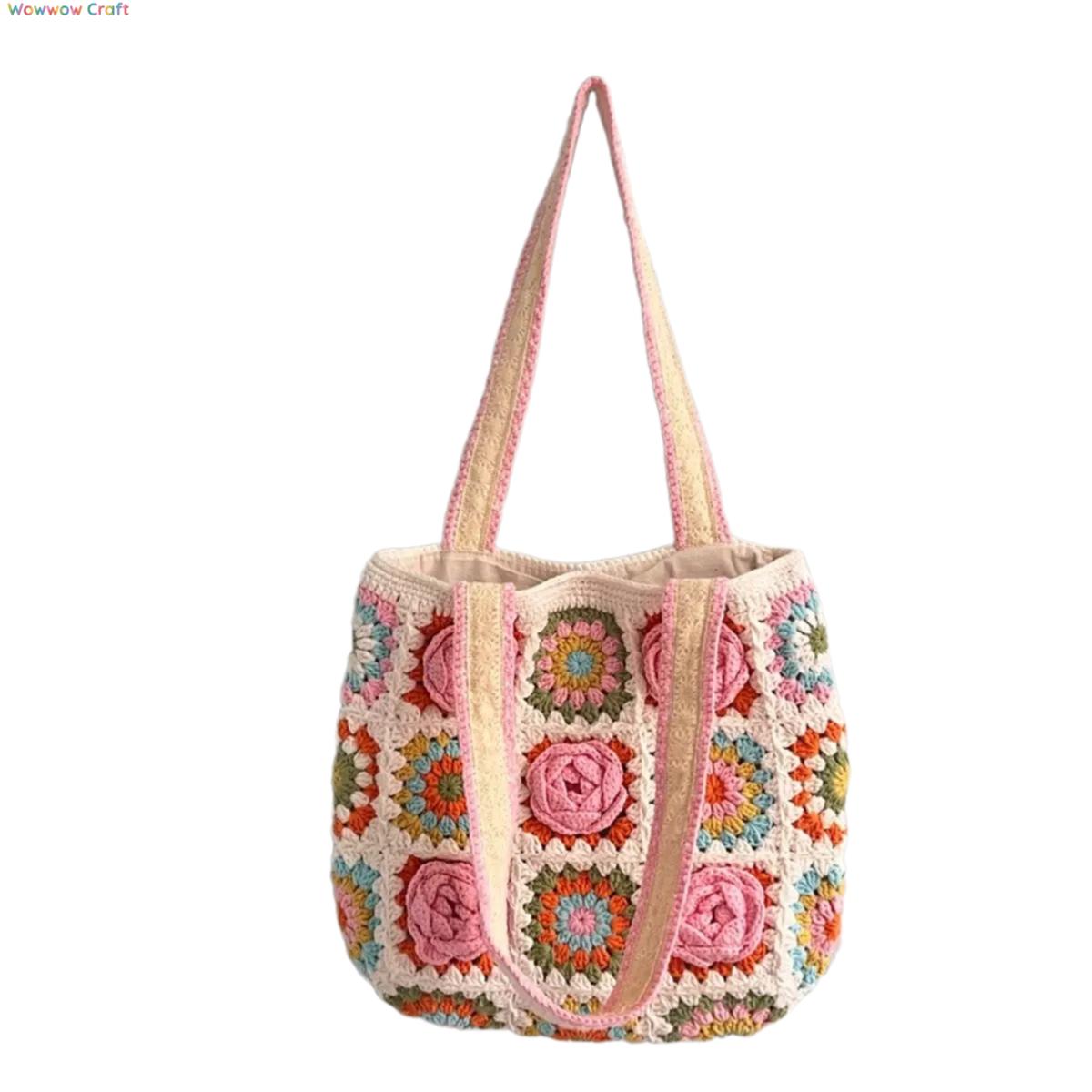 Shoulder Bags,Totes,Handmade Crochet Bags,Pink Flowers Granny Square Tote crocheted with Snow Fairy Yarn - High quality handmade crocheted shoulder bag